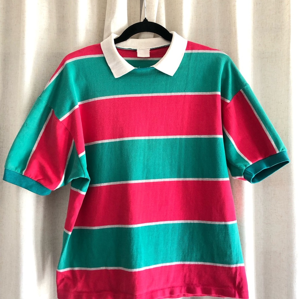 80s Vintage  Polo-Style Striped Top in Fuscia, Teal & White